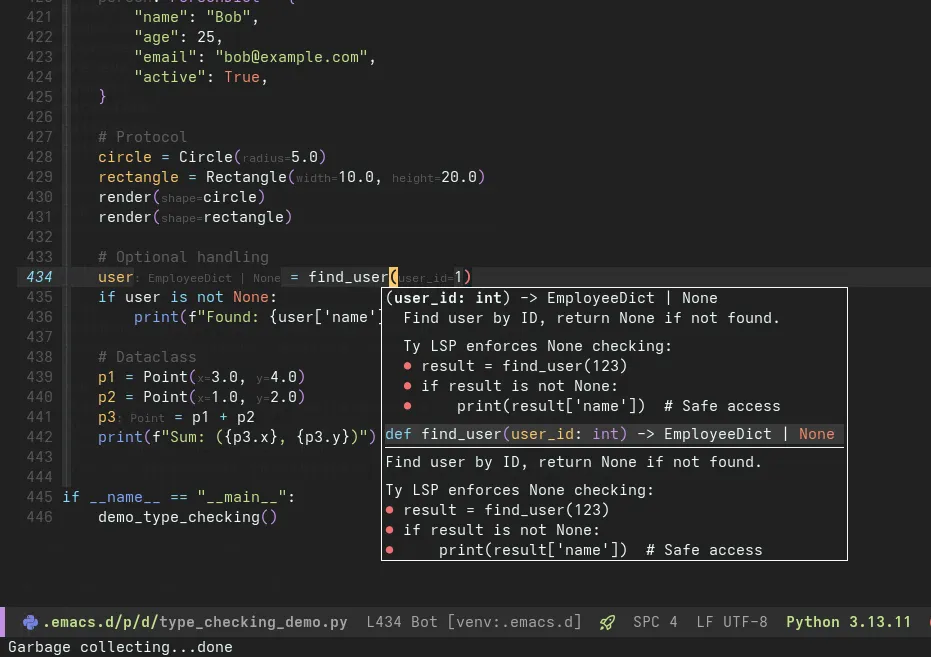 Hover documentation, auto-completion, and diagnostics in action