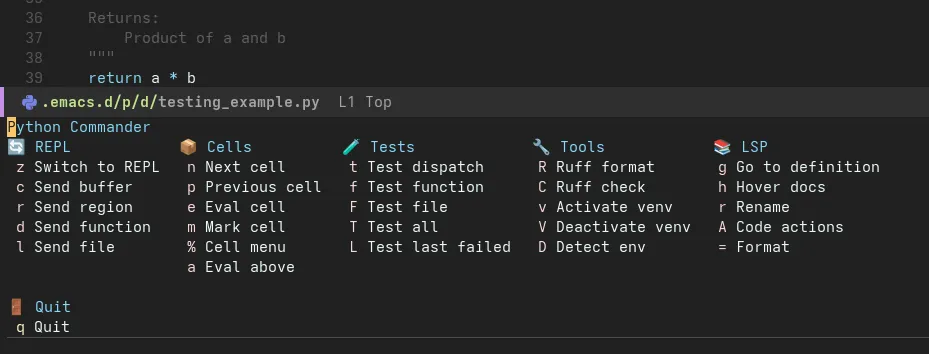 Press C-c p to access all Python commands in one menu